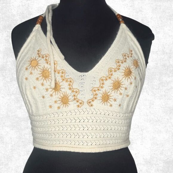 Romwe 3X Knit Sun Embroidered Halter Top – Cream Festival Crop Top Boho Beachwea - Picture 4 of 5